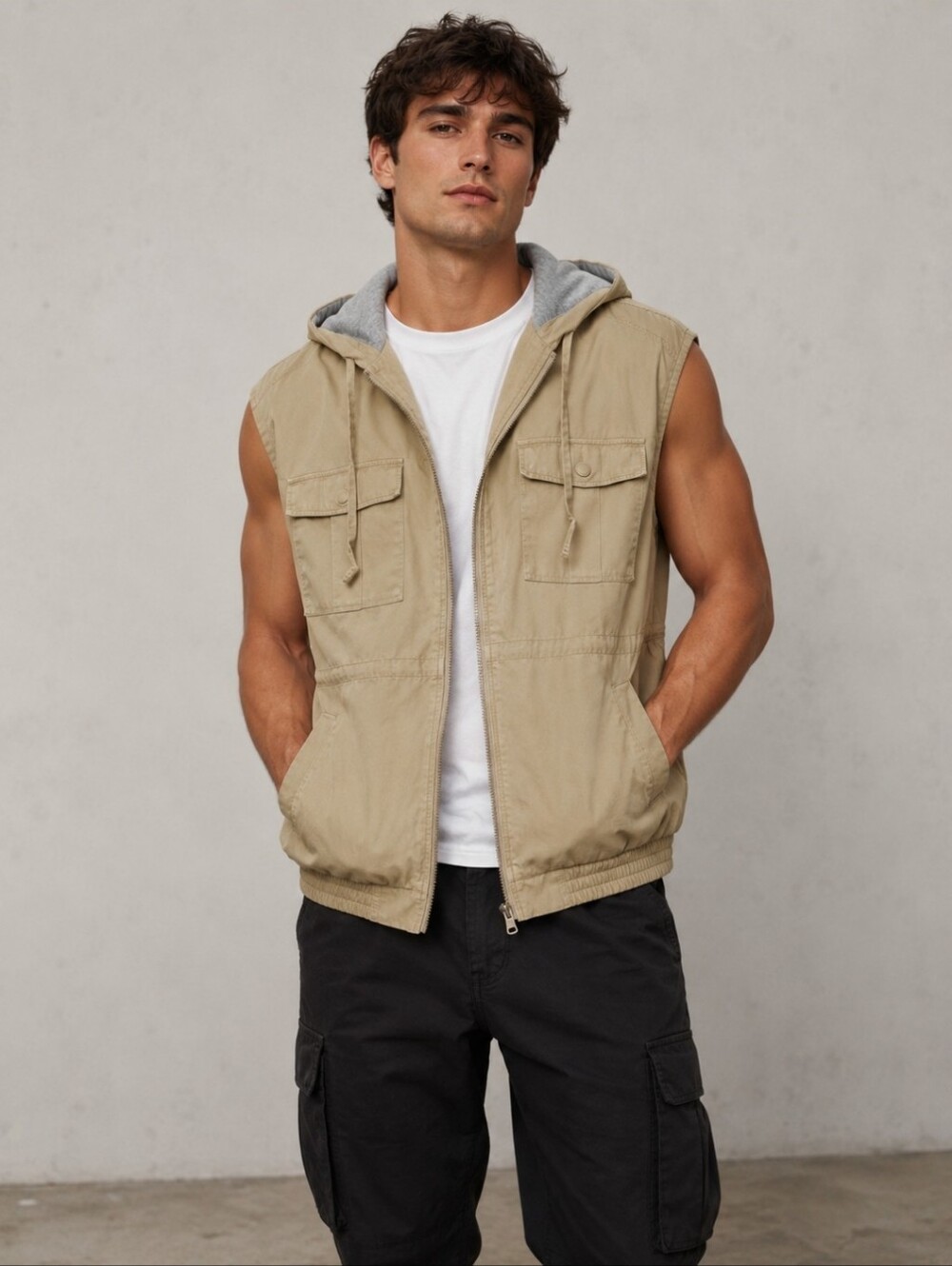 OFFLINE by Aerie Khaki Hooded Utility Vest Sleeveless Zip Cargo Jacket Sz Sm